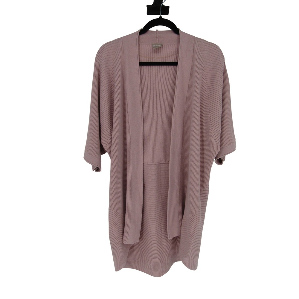 Chico's Cardigan Sweater Womens 1 M Pink Ribbed Open Front Kimono Coolmax Cotton